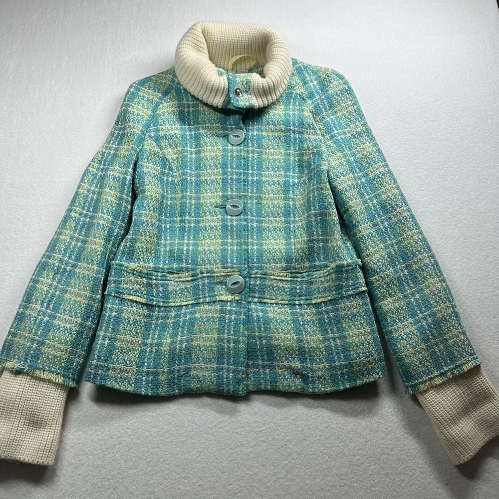 Free People Green Tweed Wool Blend Cardigan Jacket Boho Size M